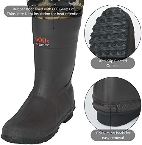 BASSDASH Bare Camo Neoprene Chest Fishing Hunting Waders for Men with 600 Grams Insulated Rubber Bootfoot - Image 4